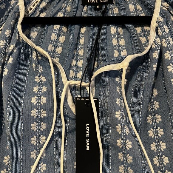 Love Sam Anthropologie Blue/white Boho Peasant Blouse Puff Sleeves Sz Small NWT - Picture 3 of 10